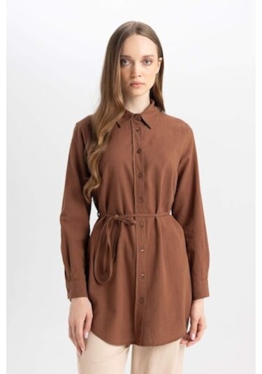 Defacto Regular Fit Poplin Basic Düz Uzun Kollu Gömlek Tunik D4160AX24AUBN527 Kahverengi