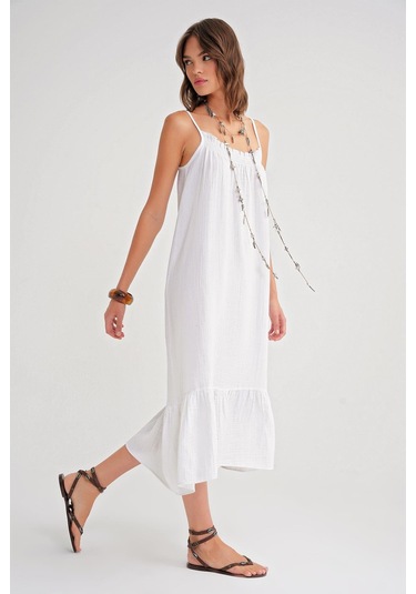4740 Kadın Askılı Müslin Midi Elbise Beyaz Beyaz