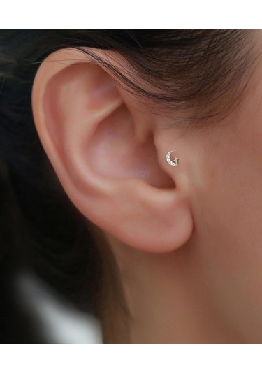 14 Ayar Altın Taşlı Ay Yıldız Tragus Piercing Sarı Altın