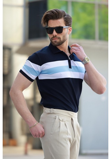 Madmext Lacivert Fermuarlı Polo Yaka Çizgili Erkek Tişört E7406 Lacivert