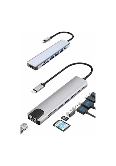 8 Port Çoklayıcı Macbook Ile Uyumlu Çoğaltıcı Type-c Dönüştürücü Tf Sd Kart