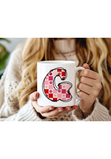 G Harfi Pembe Kareli Kalpli Göz Emojili Kupa Bardak Eğlenceli Kareli Tasarım Kahve Çay Kupası 07 Beyaz