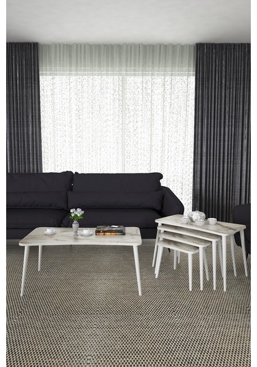 Alanur 5li Orta Sehpa Ve Zigon Sehpa Ahşap Ayaklı Çay Kahve Sehpası Xl Salon Seti Beyaz Mermer