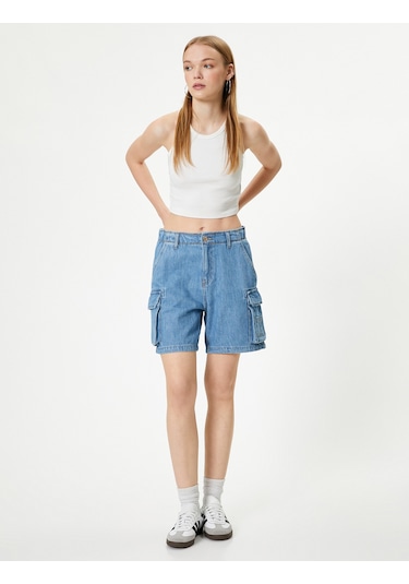 Koton Denim Kargo Bermuda Şort Cepli Standart Bel Orta İndigo 4sal40313md İndigo