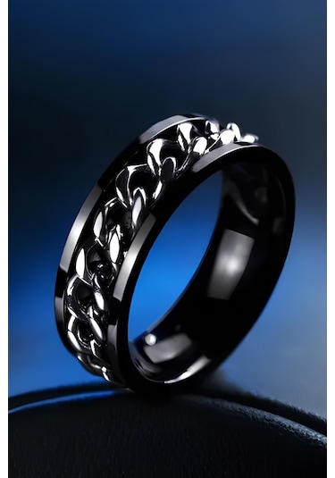 Ortası Dönebilen Zincirli Erkek Kadın Anti-stres Çelik Alyans Yüzük Cl43 Beyaz - Siyah