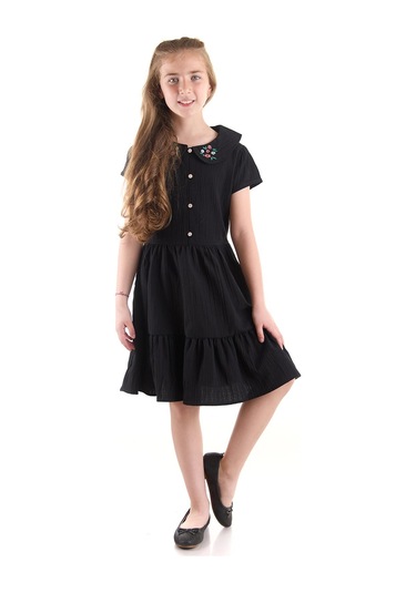 Ahengim Kız Çocuk Düğmeli Yaka Nakışlı Elbise Trend Pamuklu Pamuklu Ak2523 Siyah