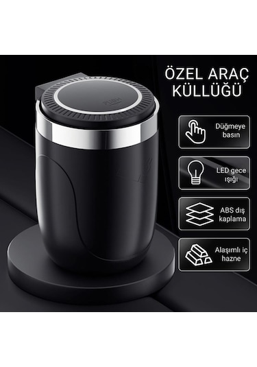 Coofbe Premium Car Ashtray Led Işıklı Taşınabilir Kapaklı Araba Küllük Kül Tablası Yıkanabilir Küllük