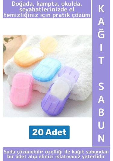 Seyahat Tipi Kamp Outdoor Okul Ofis Hafif Suda Kolay Çözünen Sabunluk Tasarımlı Kağıt Sabun 20 Adet Çok Renkli