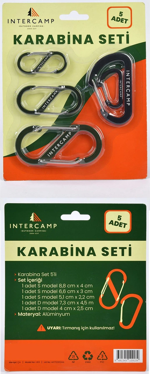 İntercamp 10 Mt. Kamp Halatı + 5 Adet Karabina, Kamp İpi, Çadır Halatı, Dış Mekan Halatı Çok Renkli