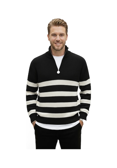 Deepsea Erkek Siyah Yarım Fermuarlı Oversize Kesim Triko Kazak Pamuklu Yumuşak Örgü Çizgili Kazak 2608513 Siyah