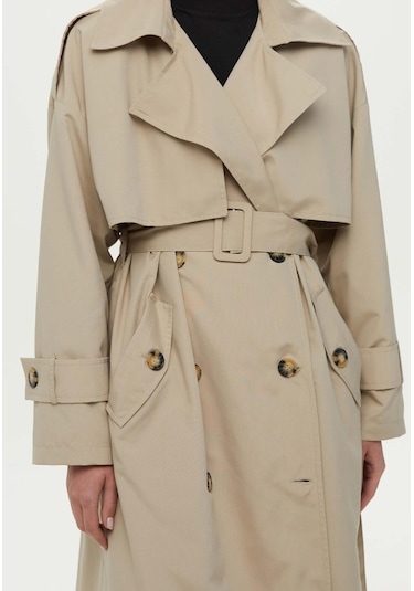 Manuka Düğmeli Kruvaze Trençkot Bej