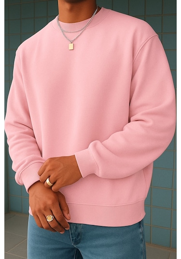 Benroma 3 İplik Penye Düz Erkek Sweatshırt Pembe