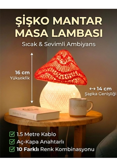 Sincara Home Şişko Mantar Masa Lambası / Beyaz Gövde / 5 Renk Sarı