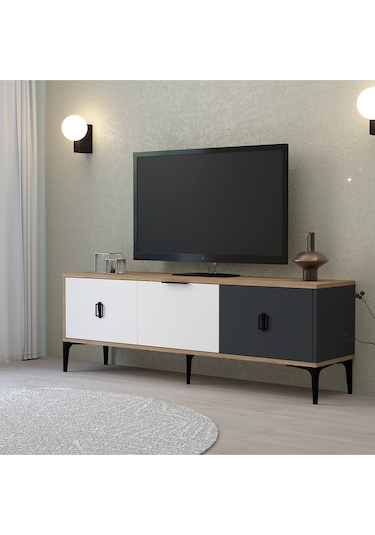 3501 Neva Tv Ünitesi 150 Cm Kapaklı Sepet - Beyaz - Antrasit Tv Sehpası Sepet-beyaz-antrasit