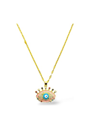 Renkli Taşlı Göz Çelik Kolye Altın - Gümüş