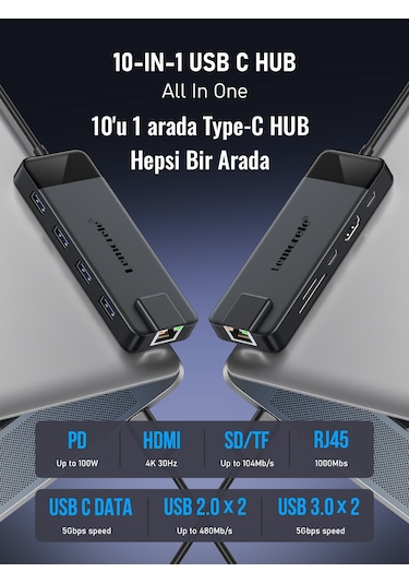 Lemorele 10'un 1'i Pd 100w/ Hdmı 4k/rj45 1000mbs./sd-tf Kart/type