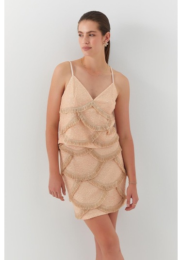 Askılı Payetli Etek Takım Kavun İçi Açık Turuncu