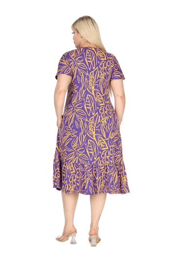 Melsay Butik Göğüsten Robalı V Yaka Kısa Kollu Mor Yaprak Desen Cepli Elbise Mor