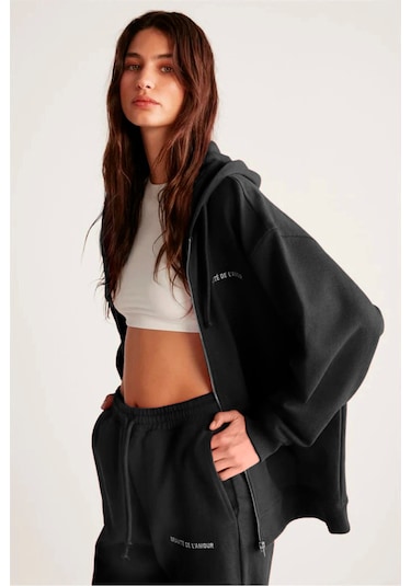 GRIMELANGE Ametıs Kadın Oversize Organik Pamuklu Metal Fermuarlı Kapüşonlu Siyah Sweatshirt Siyah