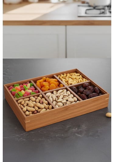 Porsima 76748 Akasya 6 Bölmeli Kapaklı Ahşap Bambu Çerezlik Sunumluk Saklama Kabı Ahşap