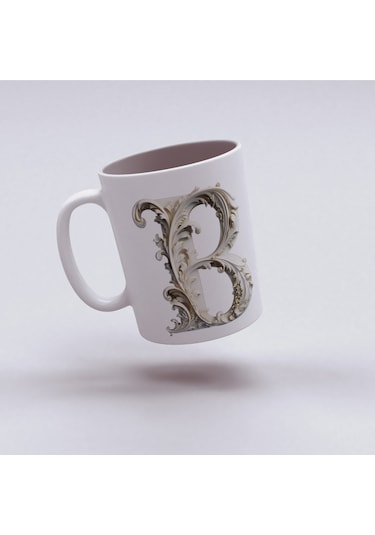 B Harfi Bardak, Monogram 330 Ml Barok Oymalı Görünüm Beyaz