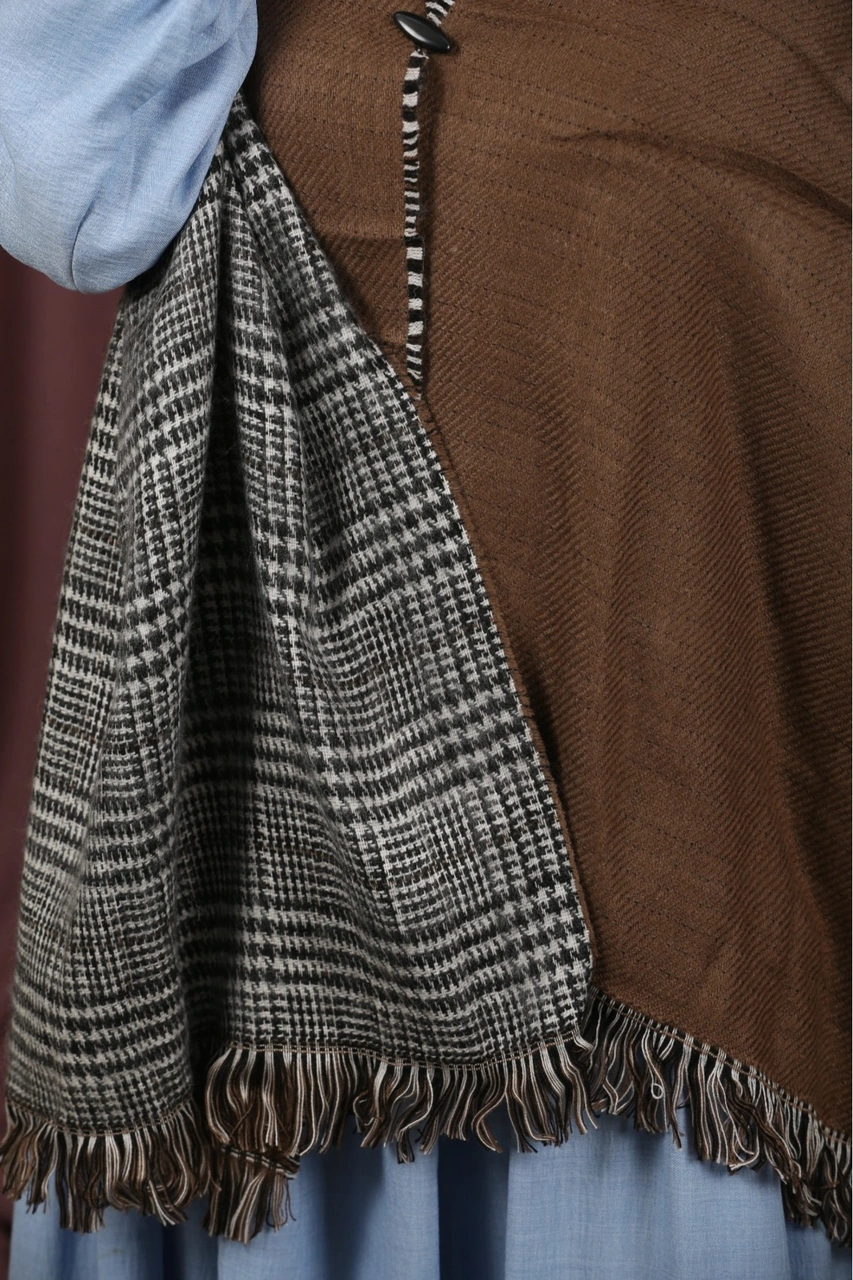 Çift Taraflı Ekose Kışlık Omuz Şalı Kahve