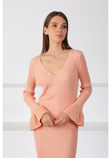 Ferraro Apricot Yırtmaçlı Kadın Triko Etek Pudra