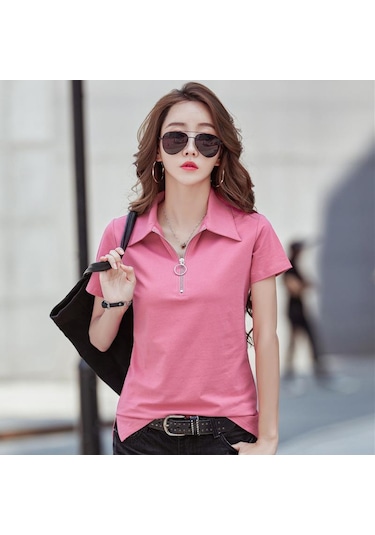 Pembe Fermuar Turn-down Yaka T Gömlek Kadın Kısa Kollu Yaz Üstleri Pamuk Tshirt Kadın Kore Giysileri Tee Gömlek Femme Pembe