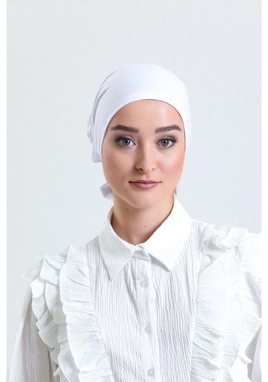 Beyaz Arkadan Bağlamalı Tesettür Bone Penye Kumaş Düz Bone 1011 42 Beyaz
