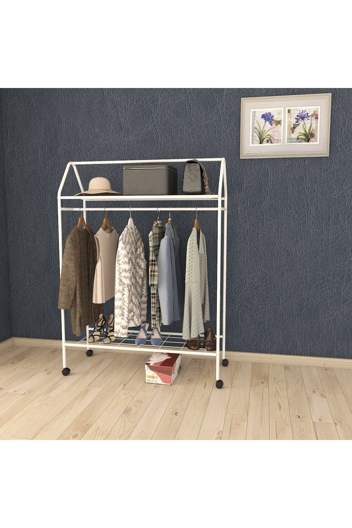 Tekerlekli Home Hanger Metal Askılık Ayaklı Askılık Beyaz