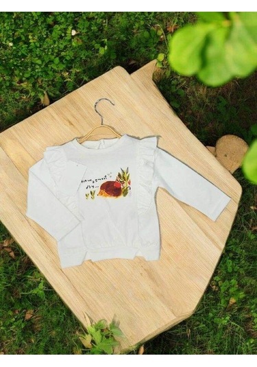 Kız Bebek Pamuklu İnce Uzun Kollu Kirpi Desenli Bluz-14898 Ekru