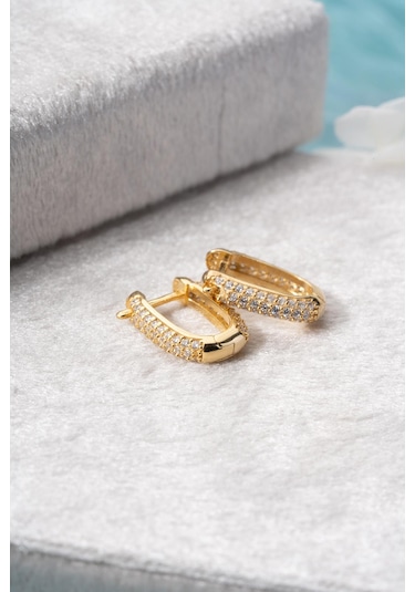 925 Ayar Gümüş Gold Kaplama U Şeklinde Zirkon Taşlı Küpe Gold