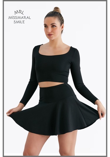 Siyah Yüksek Bel Volanlı Şortlu Spor Etek Deniz Şortu Skirt With Shorts 1101 Siyah