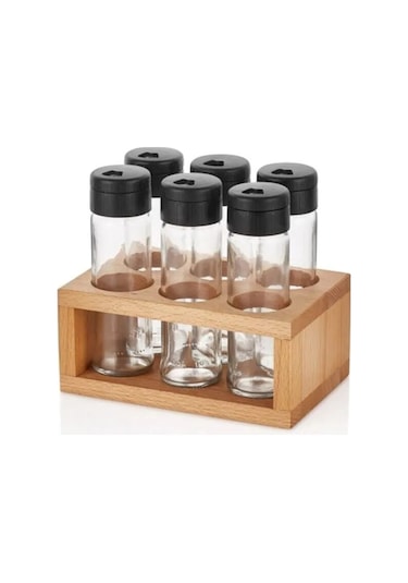 Ahşap Standlı 6'lı Cam Baharatlık Seti - Tuzluk Biberlik Baharatlık Şeffaf