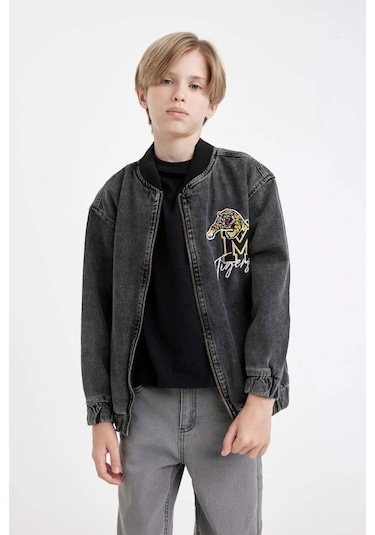 DeFacto Erkek Çocuk Kolej Yaka Fermuarlı Cepli Mevsimlik Baskılı Jean Bomber Ceket C3685A824AUNM55