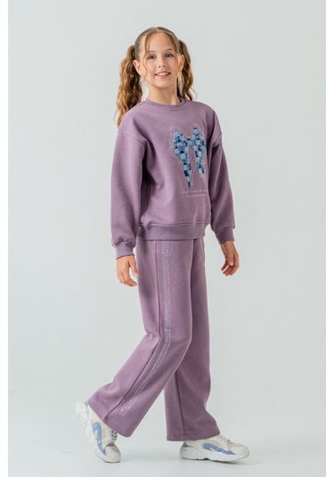 Kız Çocuk Fiyonk Nakışlı Taşlı 3 İplik Kalın Kışlık Eşofman Takımı Ak4222 Mor