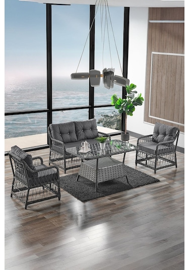 Breda Rattan Örgü Bahçe Balkon Takımı 2+1+1 Cam Masalı Antrasit Antrasit
