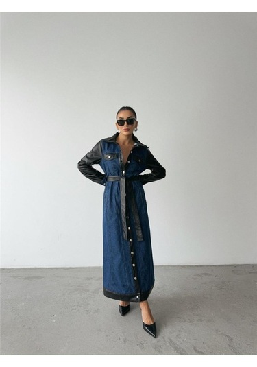 The İstanbul Kot Elbise Uzun Önden Düğmeli - Mavi Mavi