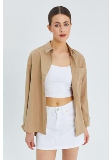 9942 Kadın Oxford Uzun Kol Basic Gömlek Bisküvi Bisküvi