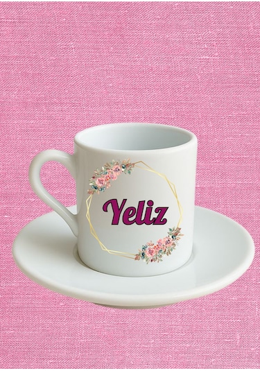 Baskıbazar Yeliz İsim Yazılı Türk Kahvesi Fincanı - Beyaz Tasarım Hediye Seti