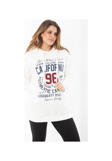 Kadın Büyük Beden Kemik İçi Şardonlu Üç İplik Kapşonlu Sweatshirt 65n37294-kemik Kemik