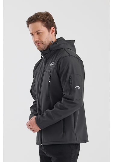 Çıkartılabilen Fermuarlı Kapüşon Cepli İçi Polarlı Su Geçirmez Softshell Erkek Mont Gri Gri