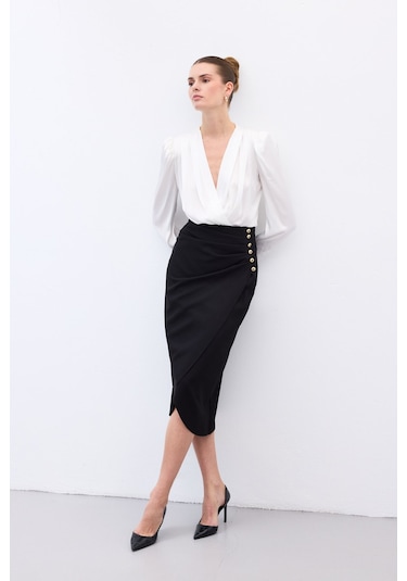 Sateen Düğme Detaylı Kalem Etek - Siyah-136776 Siyah