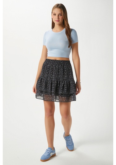 Kadın Juliet Siyah Çiçekli Astarlı Volanlı Mini Şifon Dokuma Etek