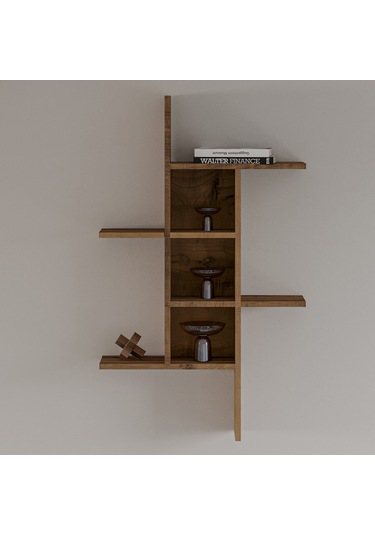 Madagaskar Duvar Rafı Asimetrik Tasarım, Duvara Monte Dekoratif Kitaplık Antik Ceviz