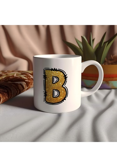 B Harfi Gold Simli Kupa Işıltılı Alfabe Harf Tasarımlı Kahve Kupası - Kişiye Özel Hediye Beyaz