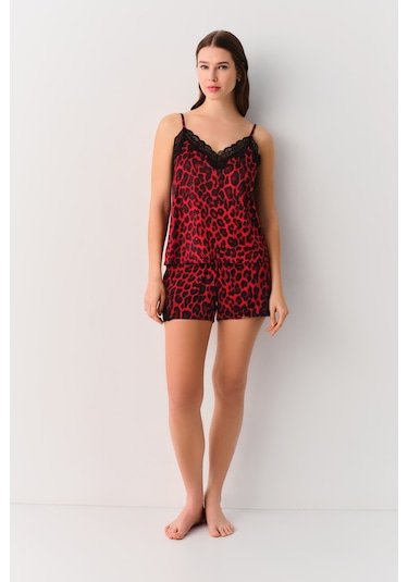 Suwen Lioness Şort St4435603603 Kırmızı Leopar Desenli