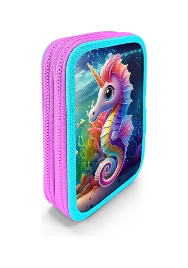 Coral High Kids Mavi Su Yeşili Denizatı Desenli Çift Katlı Kalem Çanta 11144 Mor - Pembe