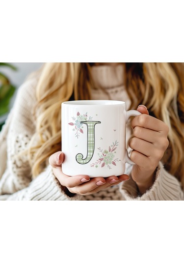 J Harfli Çiçek Desenli Kupa Bardak - Ekose Desenli Yeşil Pembe Desenli Tasarım - Kişiye Özel Hediye Beyaz