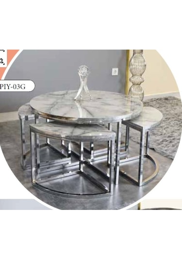 Mim Mermer - Gümüş Yuvarlak 4+1 Pizza Orta Sehpa Mermer